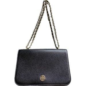 TORY BURCH Robinson adjustable chain crossbody bag in black saffiano leather